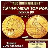 1914-p Gold Indian Half Eagle Near Top Pop! $5 ms6