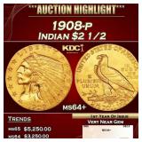 1908-p Gold Indian Quarter Eagle $2 1/2 ms64+ SEGS