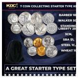 7 Coin Collecting Starter Type Kit. Barber 10c, Wa