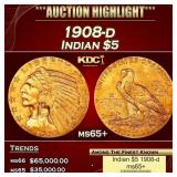1908-d Gold Indian Half Eagle $5 ms65+ USCG