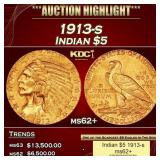 1913-s Gold Indian Half Eagle $5 ms62+ USCG