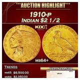 1910-p Gold Indian Quarter Eagle $2 1/2 ms64+ SEGS