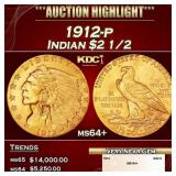 1912-p Gold Indian Quarter Eagle $2 1/2 ms64+ SEGS
