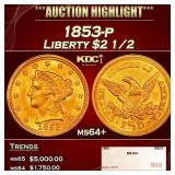 1853-p Gold Liberty Quarter Eagle $2 1/2 ms64+ SEG