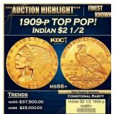 1909-p Gold Indian Quarter Eagle TOP POP! $2 1/2 m