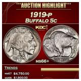1919-p Buffalo Nickel 5c ms66+ SEGS