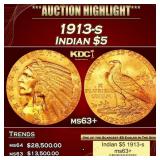 1913-s Gold Indian Half Eagle $5 ms63+ USCG