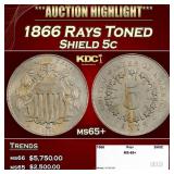 1866 Rays Shield Nickel Toned 5c ms65+ SEGS