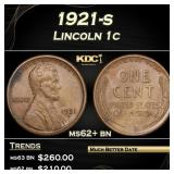 1921-s Lincoln Cent 1c Grades ms62+ bn