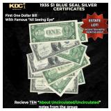 10x 1935 $1 Blue Seal Silver Certificates Grades A