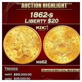 1862-s Gold Liberty Double Eagle $20 ms62 USCG