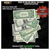 5x 1935 $1 Blue Seal Silver Certificates Grades CU