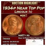 1934-p Lincoln Cent Near Top Pop 1c ms67+ rd SEGS