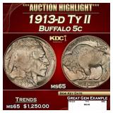 1913-d Ty II Buffalo Nickel 5c ms65 SEGS