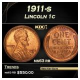 1911-s Lincoln Cent 1c Grades ms63 rb
