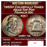 1953-p Franklin Half Dollar Colorfully Toned Near