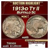 1913-d Ty II Buffalo Nickel 5c ms65 SEGS