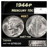1944-p Mercury Dime 10c ms67 fsb SEGS