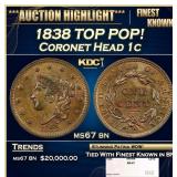 1838 Coronet Head Large Cent TOP POP! 1c ms67 bn S