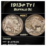 1913-p Ty I Buffalo Nickel 5c Grades ms66+