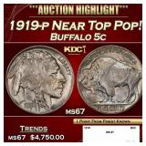 1919-p Buffalo Nickel Near Top Pop! 5c ms67 SEGS