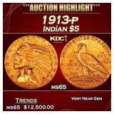 1913-p Gold Indian Half Eagle $5 ms65 USCG