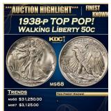 1938-p Walking Liberty Half Dollar TOP POP! 50c ms