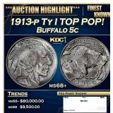 1913-p Ty I Buffalo Nickel TOP POP! 5c ms68+ SEGS