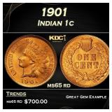 1901 Indian Cent . 1c Grades ms65 rd