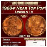 1928-p Lincoln Cent Near Top Pop! 1c ms67+ rd SEGS