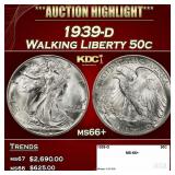 1939-d Walking Liberty Half Dollar 50c ms66+ SEGS