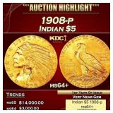 1908-p Gold Indian Half Eagle $5 ms64+ USCG
