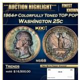 1964-p Washington Quarter Colorfully Toned TOP POP