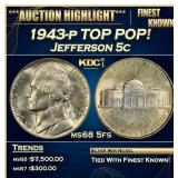 1943-p Jefferson Nickel TOP POP! 5c ms68 5fs SEGS