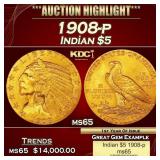 1908-p Gold Indian Half Eagle $5 ms65 USCG