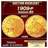 1909-p Gold Indian Half Eagle $5 ms65 USCG