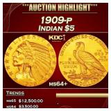 1909-p Gold Indian Half Eagle $5 ms64+ USCG
