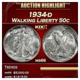 1934-d Walking Liberty Half Dollar 50c ms66 SEGS