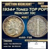 1934-p Mercury Dime Toned TOP POP! 10c ms68+ FSB S