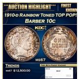 1910-d Barber Dime Rainbow Toned TOP POP! 10c ms67