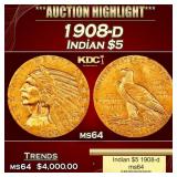 1908-d Gold Indian Half Eagle $5 ms64 USCG