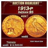 1913-p Gold Indian Half Eagle $5 ms65 USCG