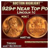 1929-p Lincoln Cent Near Top Pop! 1c ms67 rd SEGS