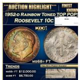 1952-d Roosevelt Dime Rainbow Toned TOP POP! 10c m