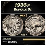 1936-p Buffalo Nickel 5c ms67 SEGS