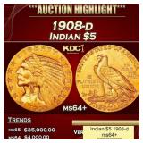 1908-d Gold Indian Half Eagle $5 ms64+ USCG