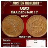1852 Braided Hair Large Cent 1c ms65+ bn SEGS