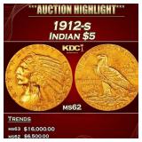 1912-s Gold Indian Half Eagle $5 ms62 USCG