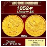 1852-p Gold Liberty Half Eagle $5 ms63 USCG
