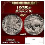 1935-p Buffalo Nickel 5c ms67 SEGS